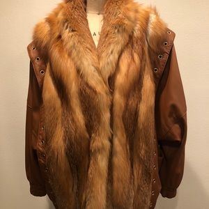 Red Fox and Leather Waist Length Jacket, Pre-owned